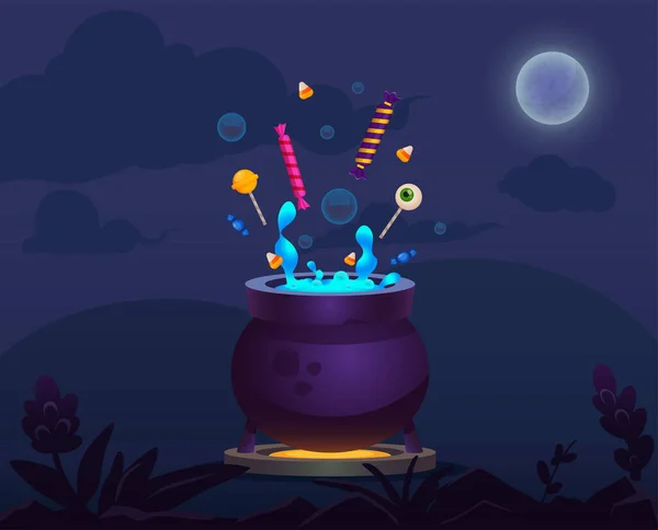 魔法の液体とキャンディーと漫画ウィッチャーポット。夜を背景にハロウィンアイテム — ストックベクタ