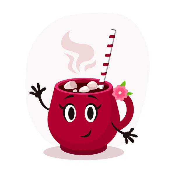 Funny cartoon flat christmas red cup illustration. Hot cacao with marshmallows — Stock Vector
