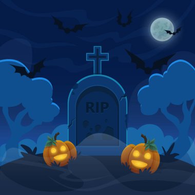 Geceleri tepede karikatür taşından bir mezar. Balkabağı fenerleriyle dolu Cadılar Bayramı mezarlığı. Uçan yarasalarla dolu dolunay gökyüzü