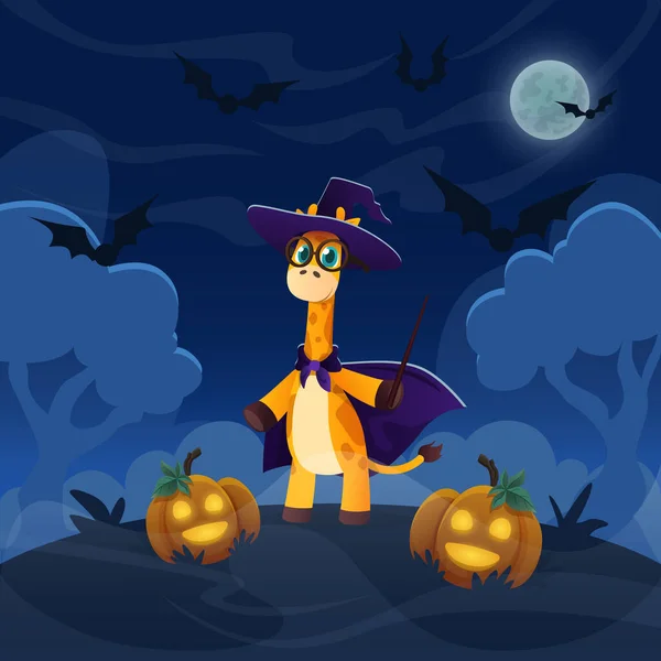 Kreskówkowy magik żyrafa stojący na wzgórzu w lesie. Ilustracja Halloween z zabawnymi latarniami alfonsa. Nocne niebo z pełnią księżyca i latającymi nietoperzami — Wektor stockowy