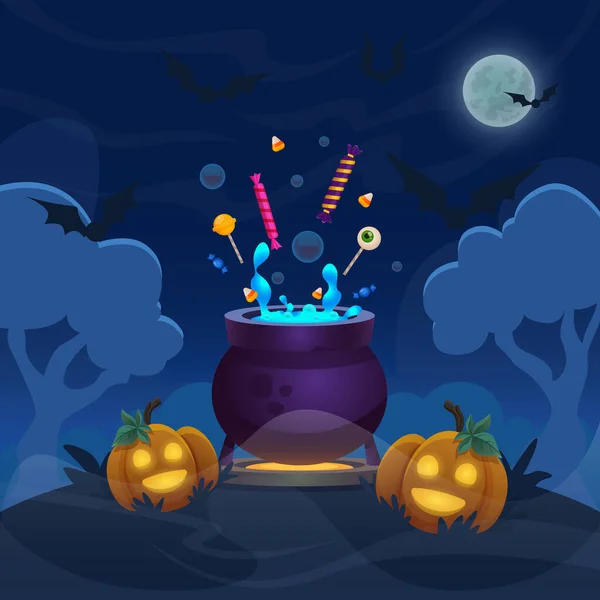 Panela mágica de bruxa na floresta montanhosa. Cartoon halloween ilustração com abóboras de banner. Fullmoon céu noturno com morcegos voadores. — Vetor de Stock