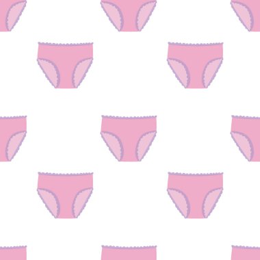 Hisse vektör grafikleri. Kusursuz desenli, dantelli, beyaz arkaplanda izole edilmiş pembe kadın külotu..