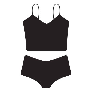 Üzerinde spagetti kayışları olan güzel kadın iç çamaşırlarının siyah silueti. Düz illüstrasyon beyaz arkaplanda izole edildi