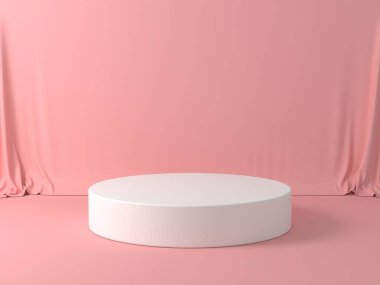 Üç boyutlu sahne. Beyaz daire sahne, perdeli pembe zemin.