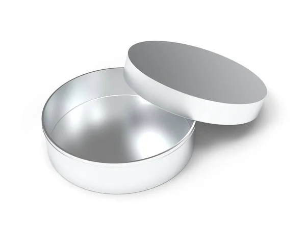 Paketler için gümüş yuvarlak metal paket kutusu, beyaz arka plan. 3B Hazırlama