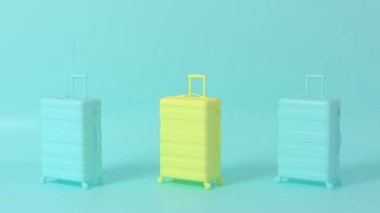 Üç boyutlu sahne. Yoldaki sarı bavullar mavi ile farklı..