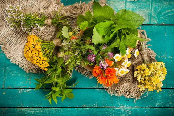 Sommerfrische Heilkräuter auf dem hölzernen Hintergrund. — Stockfoto