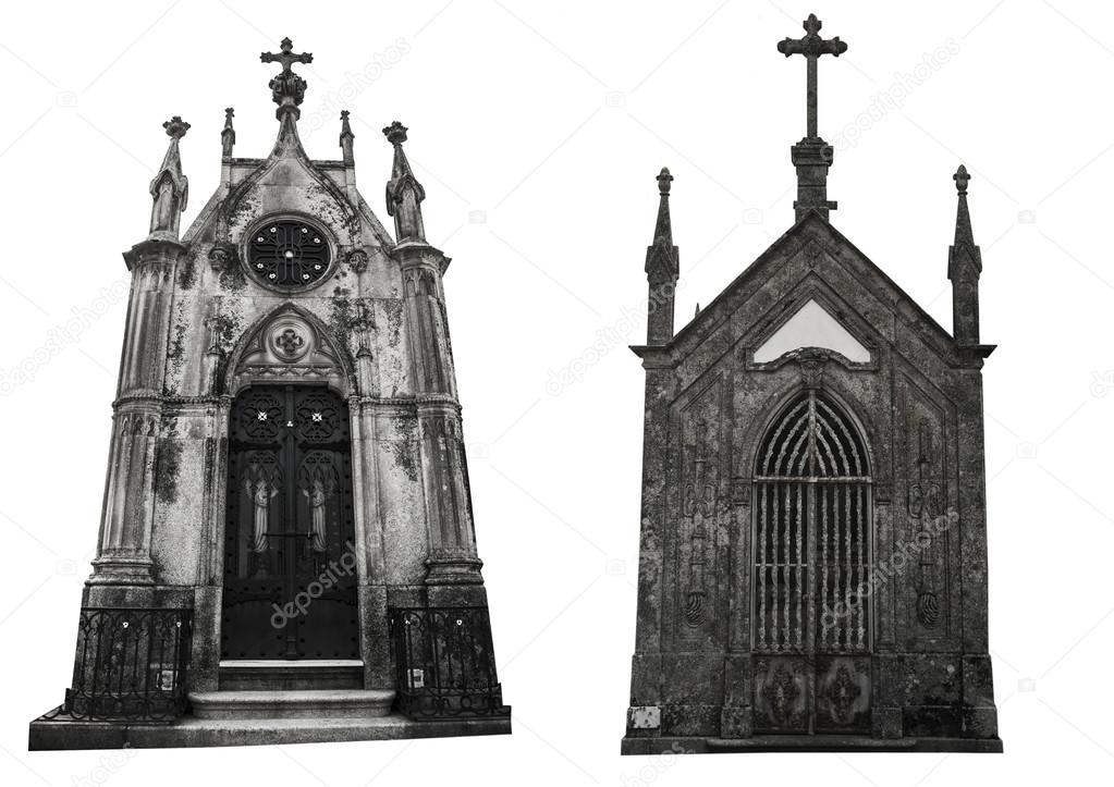 Set of two different facades of old crypts. Isolated on white background.