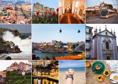 Porto, Portekiz 'in çeşitli manzaraları ve simgeleriyle geniş kolaj.