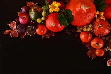 Sonbahar arkaplanı rengarenk meyve ve çiçeklerle dolu bir yaşam formunu koruyor. Metnin için yer.