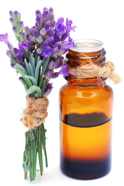 Fles met lavendel olie geïsoleerd op witte achtergrond — Stockfoto