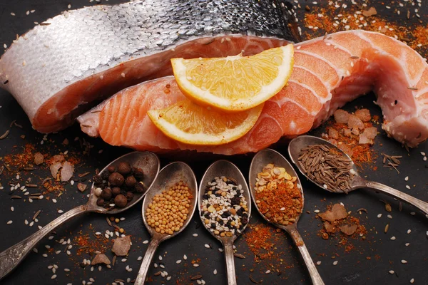 Verse zalm en specerijen — Stockfoto