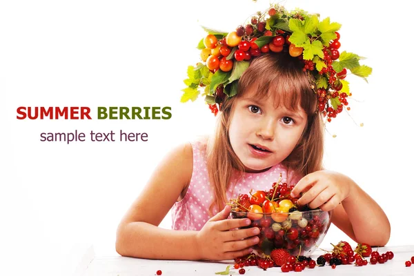 Smiling girl with a wreath of fruit on her head. Isolated Background — Stock Photo, Image