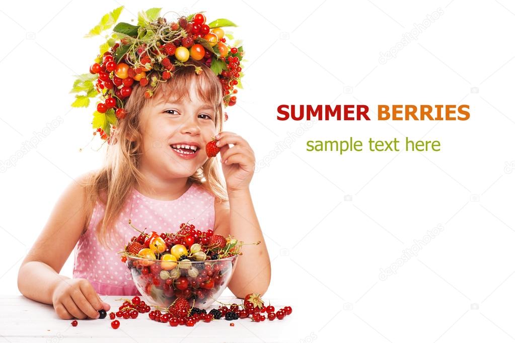 Smiling girl with a wreath of fruit on her head. Isolated Background