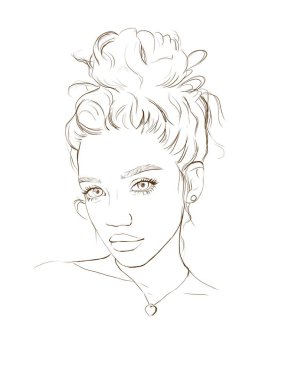 Moda kızı portresi ve modaya uygun saç stili. El çizimi çizgi çizimi çizimi