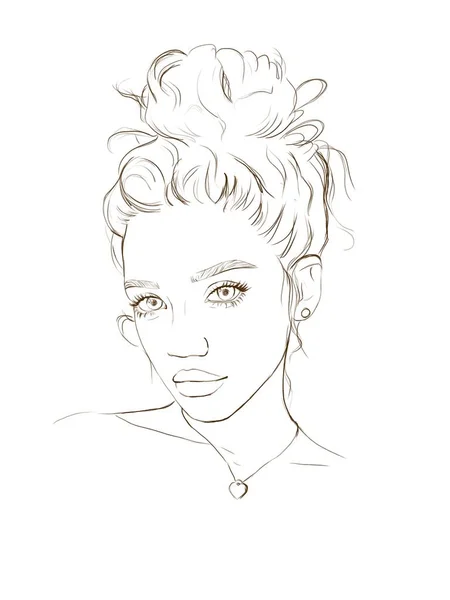 流行の髪型とファッションの女の子の肖像画 手描き直線イラスト — ストック写真