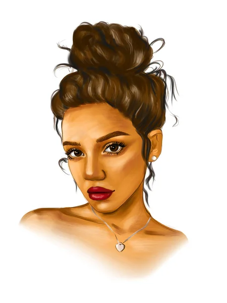 Fashion Girl Portret Met Trendy Kapsel Handtekening Digitale Illustratie — Stockfoto