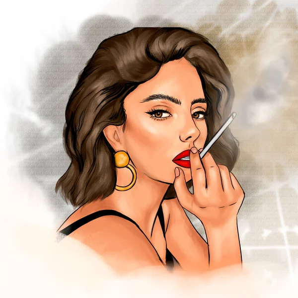 Girl Cigarette Brown Wave Hair Red Lips Digital Fashion Illustration — Stock Photo, Image