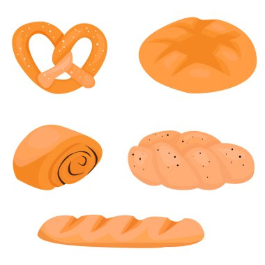 Ekmek yassı simge seti. Tam tahıllı ve buğdaylı ekmek, kraker, kruvasan, Fransız ekmeği. Organik hamur işleri, dükkan yemekleri, tasarım menüsü pastanesi. Vintage vektör illüstrasyonu