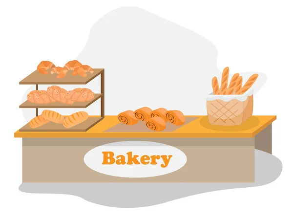 Bakery Shop Interior Orange Counter Showcase Full Pastries Sweet Cakes — Stock Vector