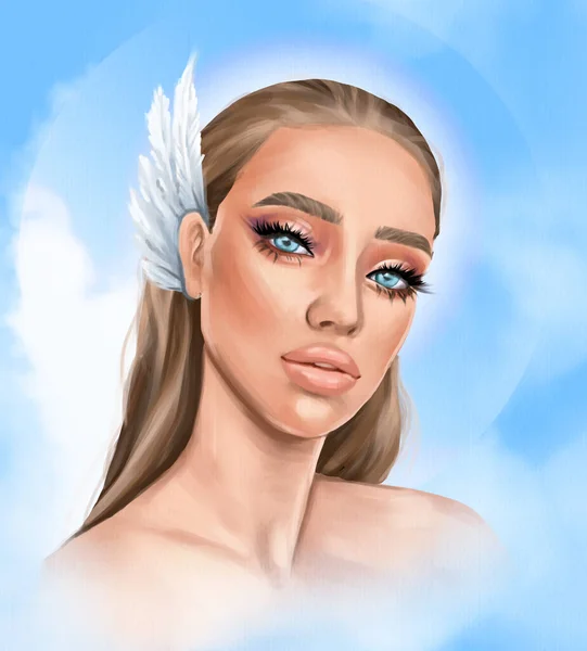魔法の夜妖精 天使の翼を持つ美しいシャーマンの少女の手描きの肖像画 錬金術 精神性 — ストック写真