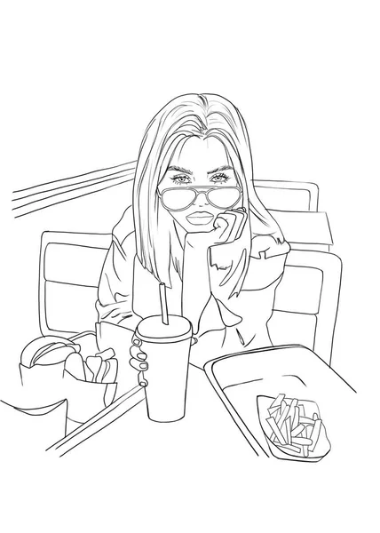 Menina Comendo Lixo Hambúrguer Fast Food Insalubre Batatas Fritas Conceito — Fotografia de Stock