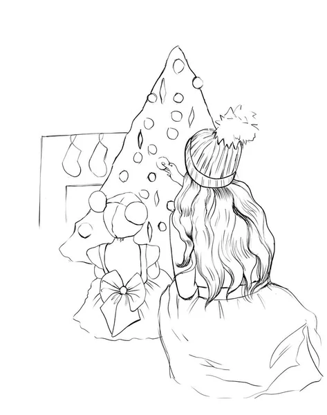 Moeder Dochter Jurken Hoeden Versieren Kerstboom Handgetekende Illustratie Voor Kerstkaart — Stockfoto