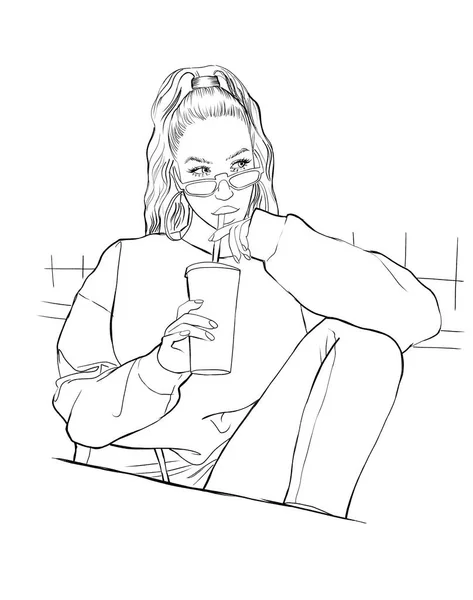 Ένα Νεαρό Κορίτσι Πίνει Καφέ Από Μια Μεγάλη Κούπα Καλαμάκι — Φωτογραφία Αρχείου