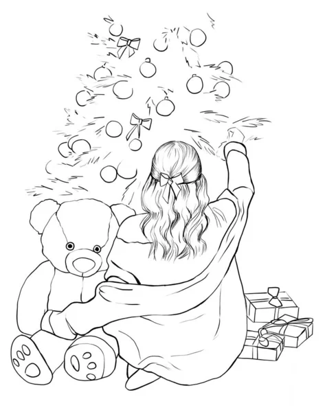 girl in pajamas decorates the christmas tree. A little girl with blond wavy hair with a red bow is holding a teddy bear. New Year Illustration. Sketch
