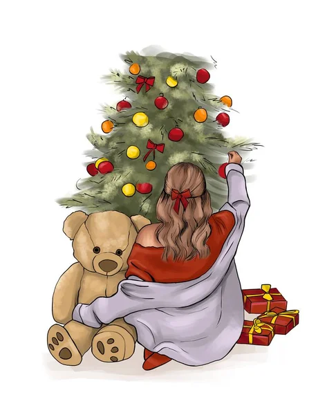 girl in pajamas decorates the christmas tree. A little girl with blond wavy hair with a red bow is holding a teddy bear. Colorful Christmas illustration
