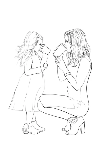 Giovane Madre Piccola Figlia Bevono Grandi Bicchieri Madre Sedette Accanto — Foto Stock