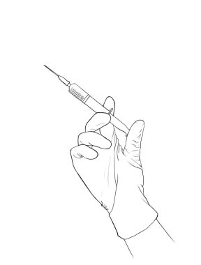 Enjeksiyon şırıngasıyla. Tıbbi enjeksiyon şırıngası ile eldiven üstüne doktorun oyma tekniğini çiz..