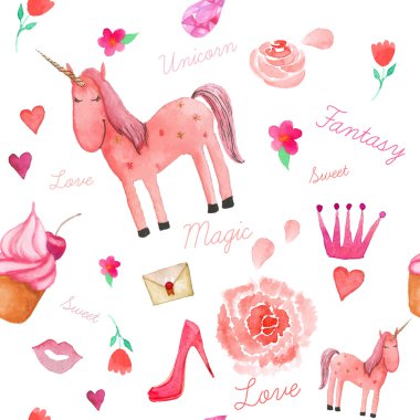 Pattern with unicorn, crown, flowers and hearts. vector