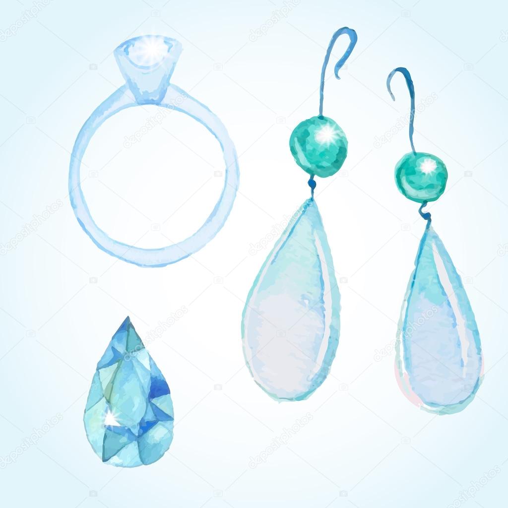 Watercolor diamond ring Watercolor jewelry set — Stock Vector © DinaL