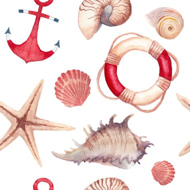 Watercolor sea shells and stars pattern