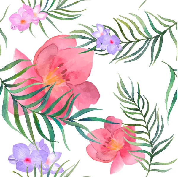 Watercolor exotic flowers and leaves pattern