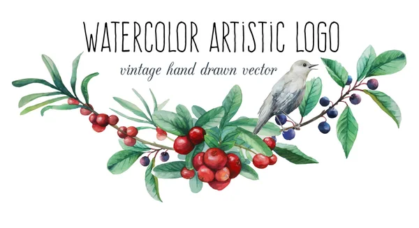 Watercolor artistic wild berries and bird logo — Stock Illustration Watercolor artistic wild berries and bird logo Stock Vector