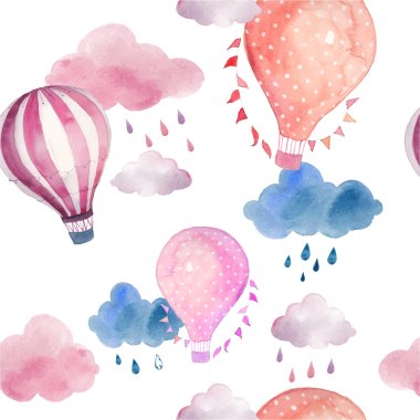 Watercolor pattern with air balloons and clouds