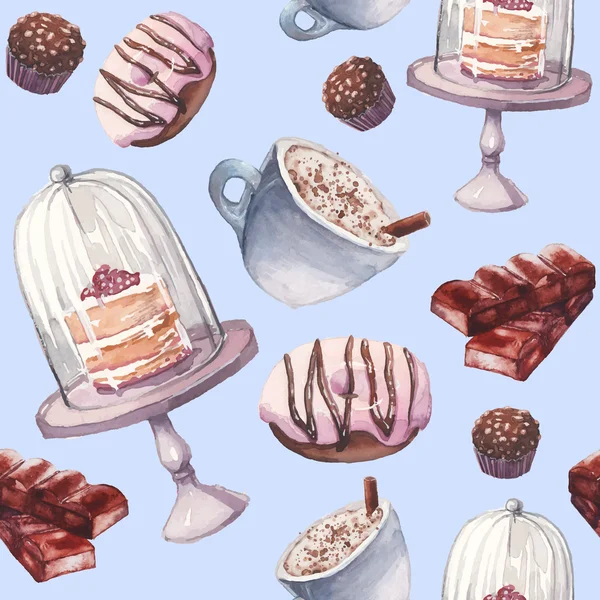 Watercolor coffee and sweets seamless pattern Vector Graphics