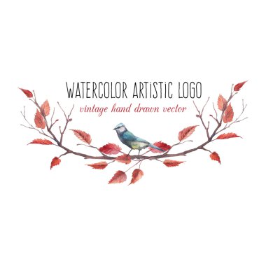 Watercolor branches and bird logo