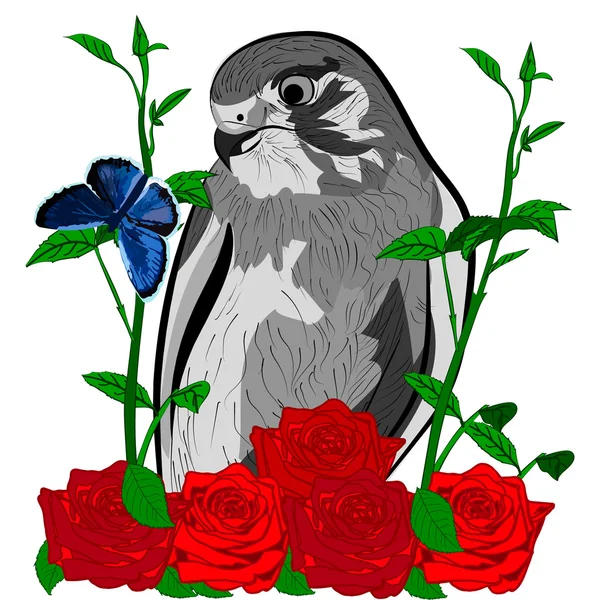 鳥のバラと青い蝶 — ストックベクタ