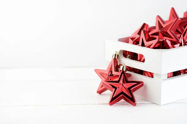 Red Christmas Stars White Wooden Box Copy Space — Stock Photo, Image