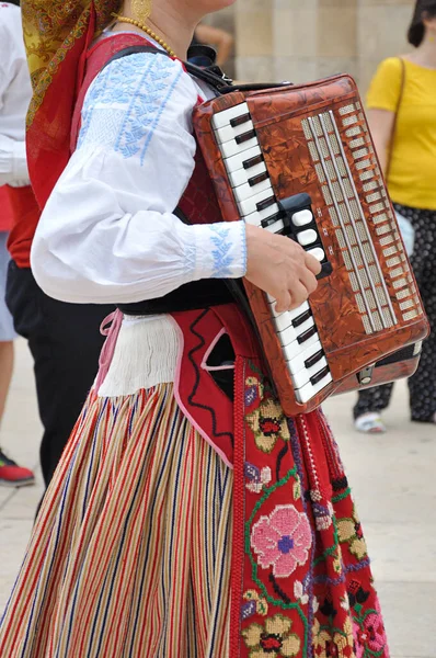 Γυναίκα Παίζει Ακορντεόν Και Φοράει Ένα Από Παραδοσιακά Λαϊκά Κοστούμια — Φωτογραφία Αρχείου