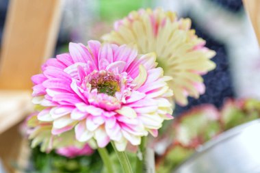 Satılık yapay sarı ve pembe papatyalar.