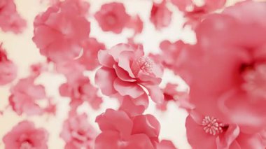 Havada süzülen yumuşak pembe güllerin 3 boyutlu animasyonu, düğünler, romantizm ve lüks güzellik kavramları için gerçekçi çiçek hareketi grafikleri.