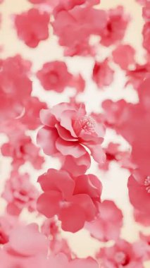 Havada süzülen yumuşak pembe güllerin 3 boyutlu animasyonu, düğünler, romantizm ve lüks güzellik kavramları için gerçekçi çiçek hareketi grafikleri.