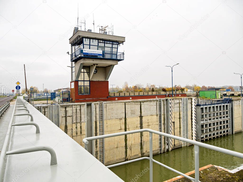 Waterworks, Cunovo, Gabcikovo, control tower, lock, Bratislava, Slovakia.