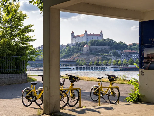 Şehir bisikletleri, Bratislava kalesi, Tuna nehri, Slovakya.