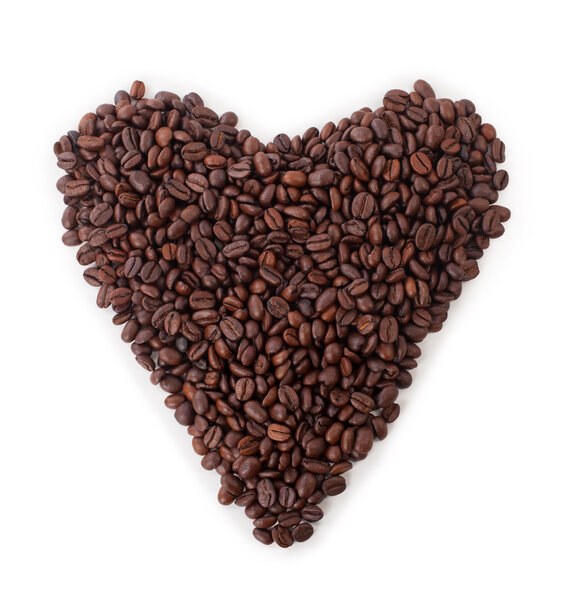 Heart of coffee beans on a white background