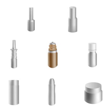 3D boş ilaç paketleri: hap ve kapsüller, tüp, tablet için kap, uyuşturucu için şişe. İlaç için temiz beyaz ambalaj vektör modeli. Paket tasarımı için ayarla